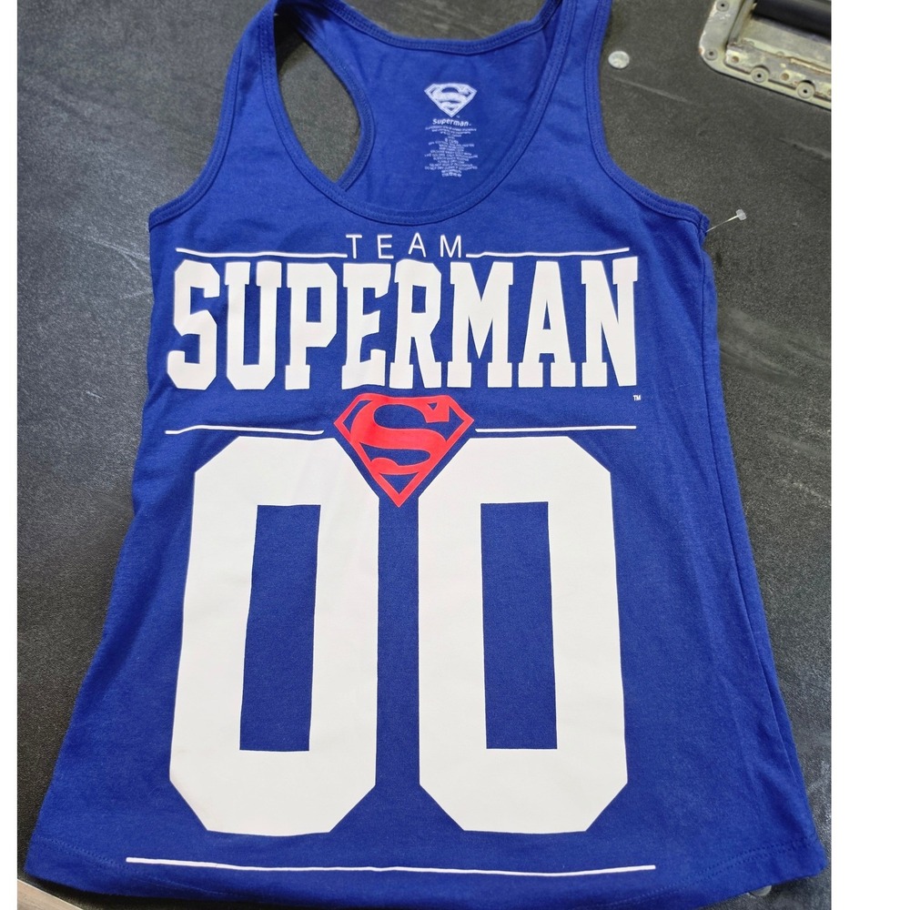 Superman Team 00 Racerback Tank Top Blue DC Comics Graphic Shirt Small